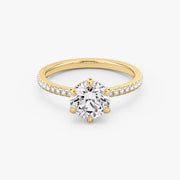Round Cut - Pave Band - 6 Prong Classic Ring - 14 K Gold